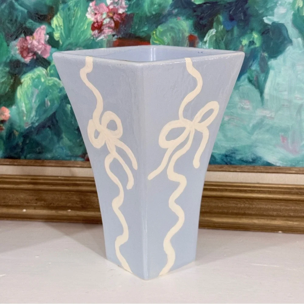 Blue Ceramic Vase Hand-Painted Ribbons